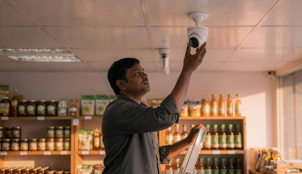 கடை அலமாரிக்கு மேல் டோம் கேமராவைப் பொருத்தும் தொழில்நுட்ப வல்லுநர்.